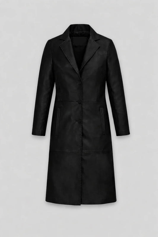 Women’s black nappa leather long coat front view