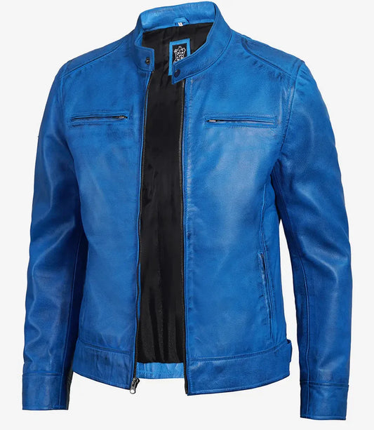 Men’s blue lambskin leather cafe racer jacket front view