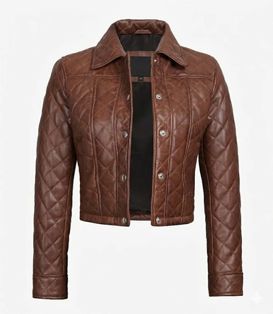 Women’s cognac brown quilted lambskin cropped leather jacket front view