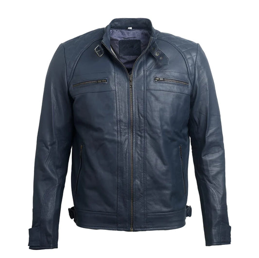 Men’s dark blue genuine leather jacket front view