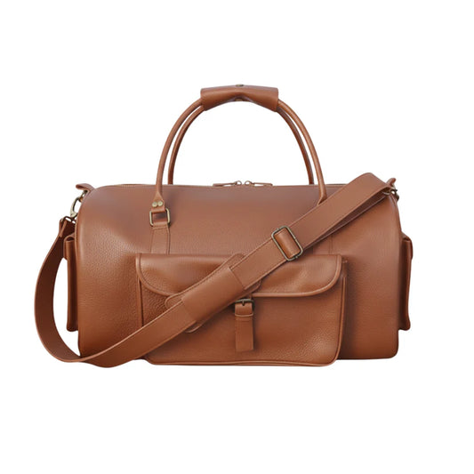 Softy tan full-grain leather duffel bag front view