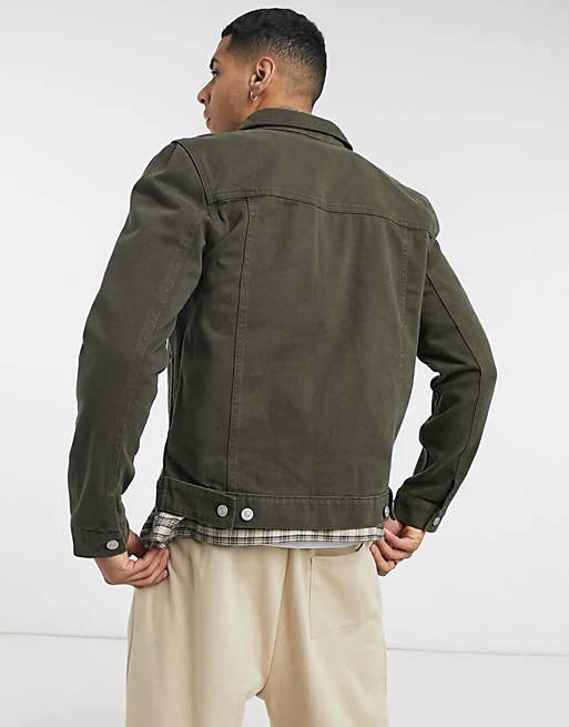 Back view of green denim jacket for men