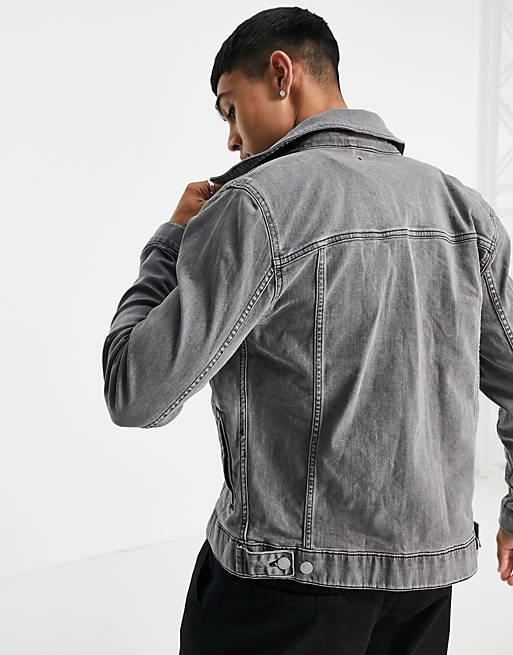 Back view of grey denim jacket for men