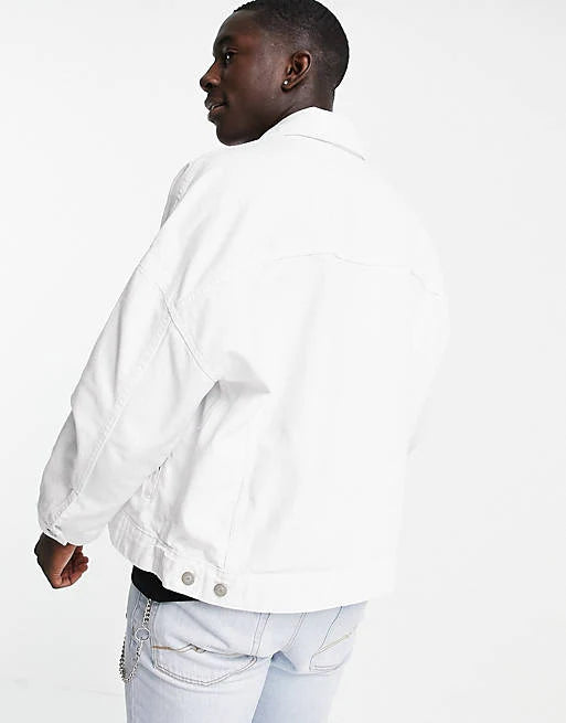 Back view of white denim jacket for men