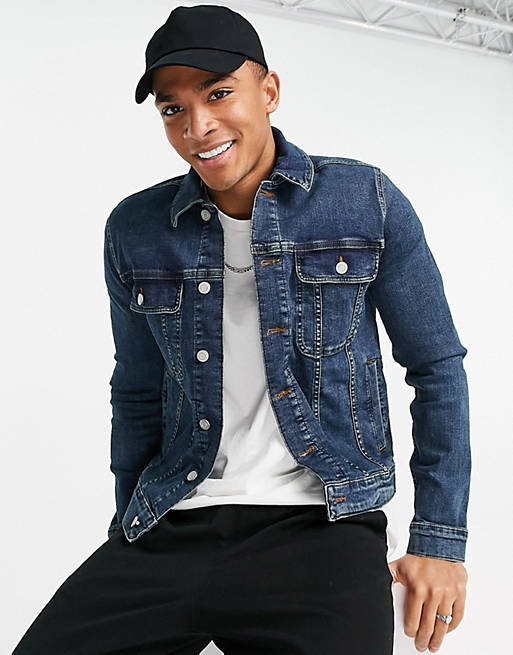 Back view of dark blue denim jacket for men
