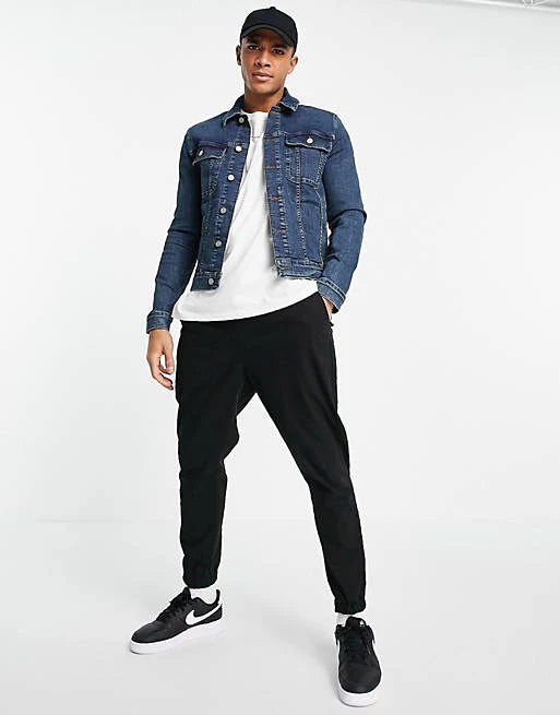 Men's dark blue denim jacket full length