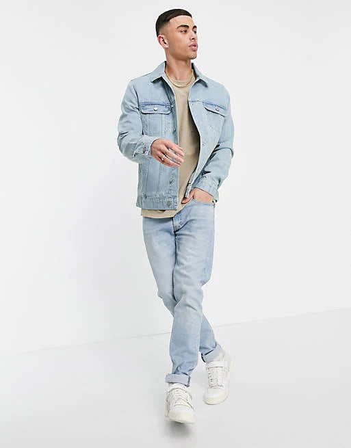 Men's light blue denim jacket full length