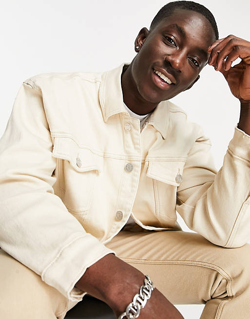 Back view of cream denim jacket for men
