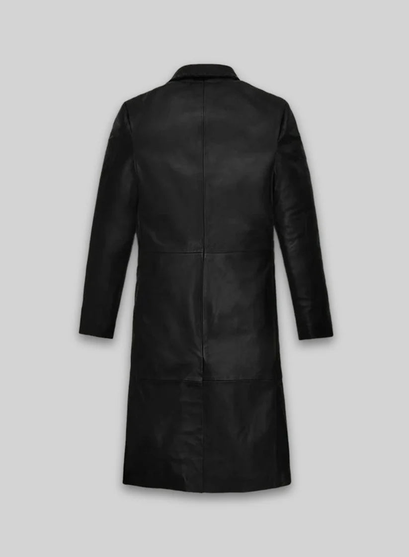Women’s black nappa leather long coat back view