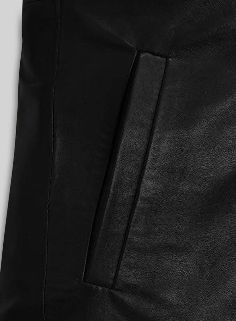 Women’s black nappa leather long coat full length view