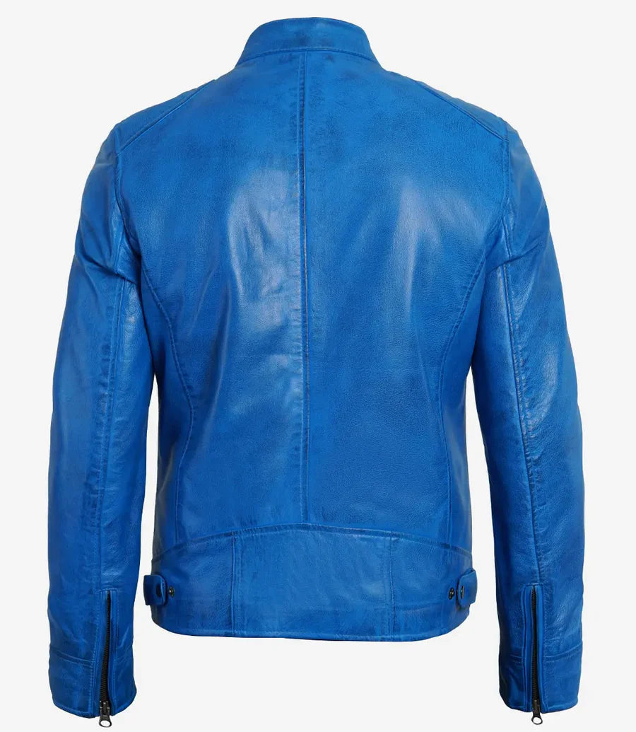 Men’s blue lambskin leather cafe racer jacket back view