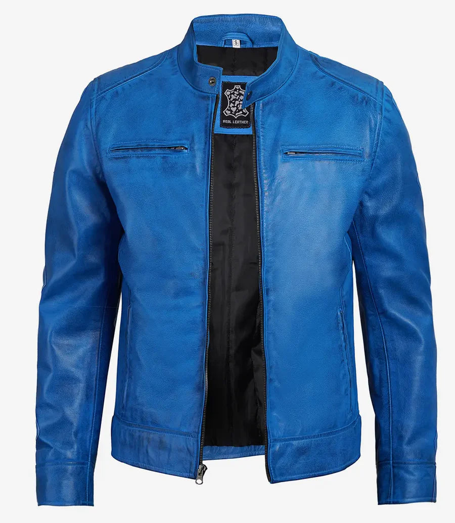 Blue lambskin leather cafe racer jacket side view