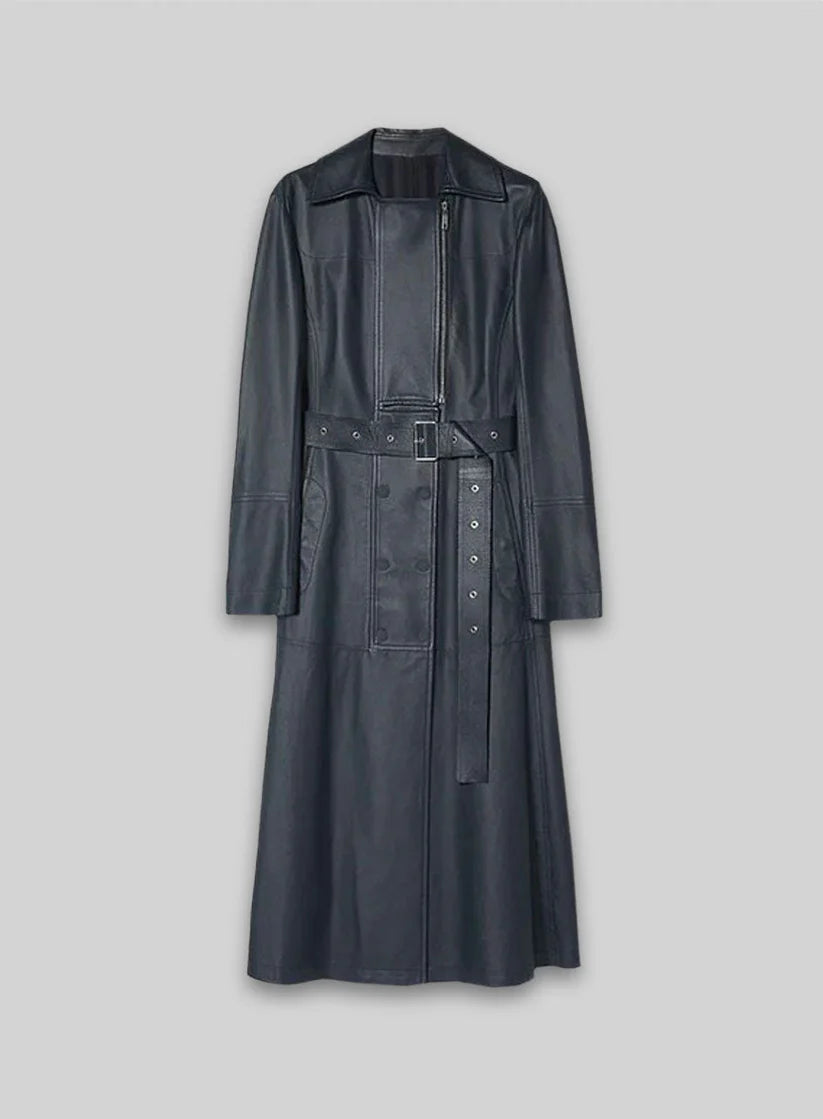 Women’s blue nappa leather long coat full length view