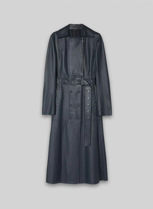 Women’s blue nappa leather long coat full length view