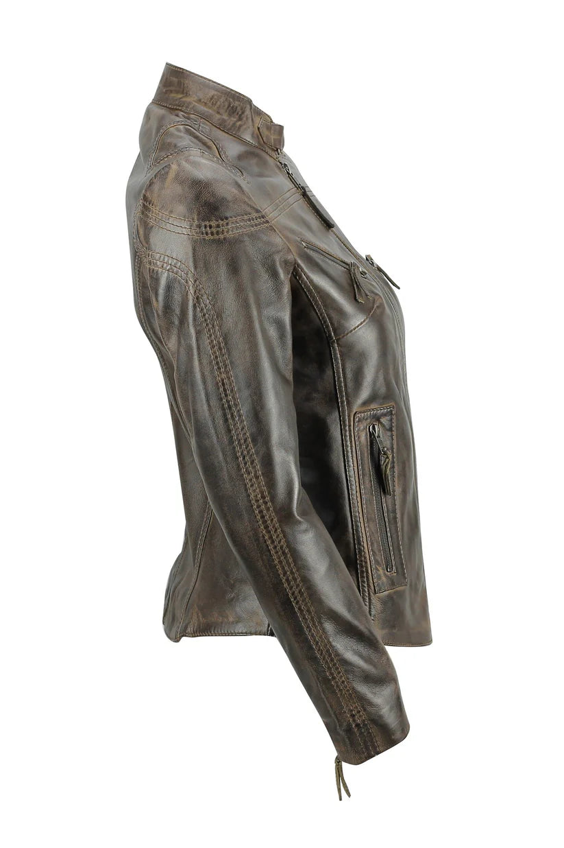 Women’s brown real leather slim fit biker jacket side view