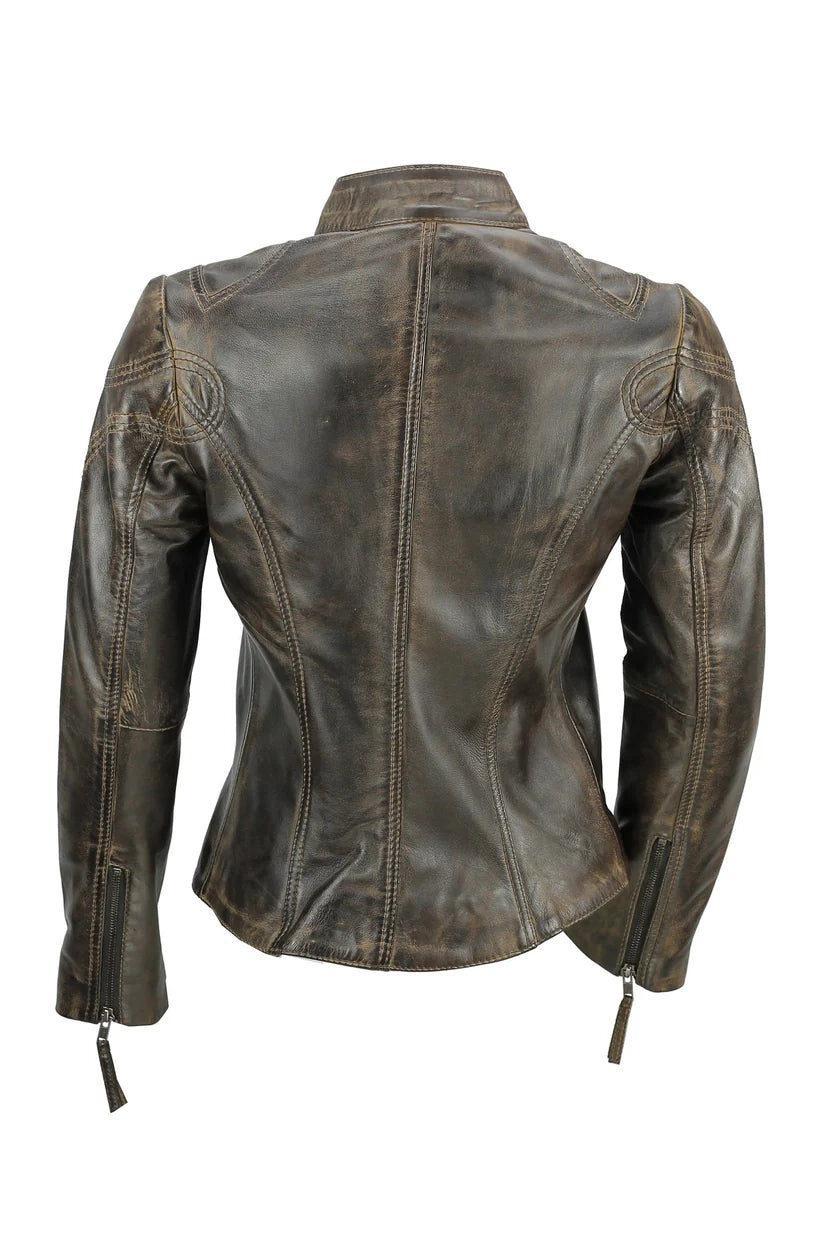 Women’s brown real leather slim fit biker jacket back view