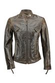 Women’s brown real leather slim fit biker jacket front view