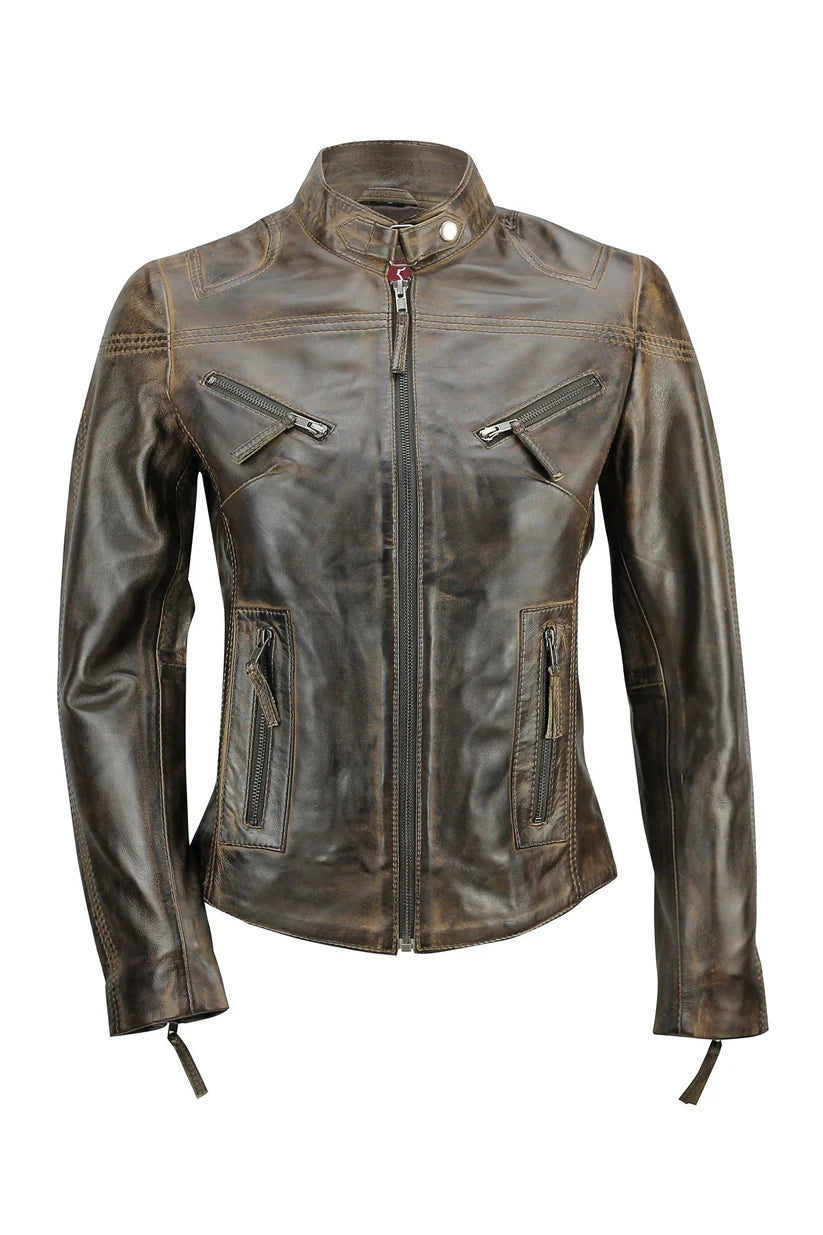 Women’s brown real leather slim fit biker jacket front view