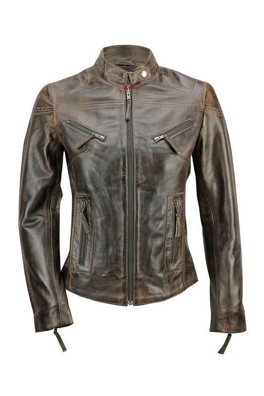 Women’s brown real leather slim fit biker jacket front view