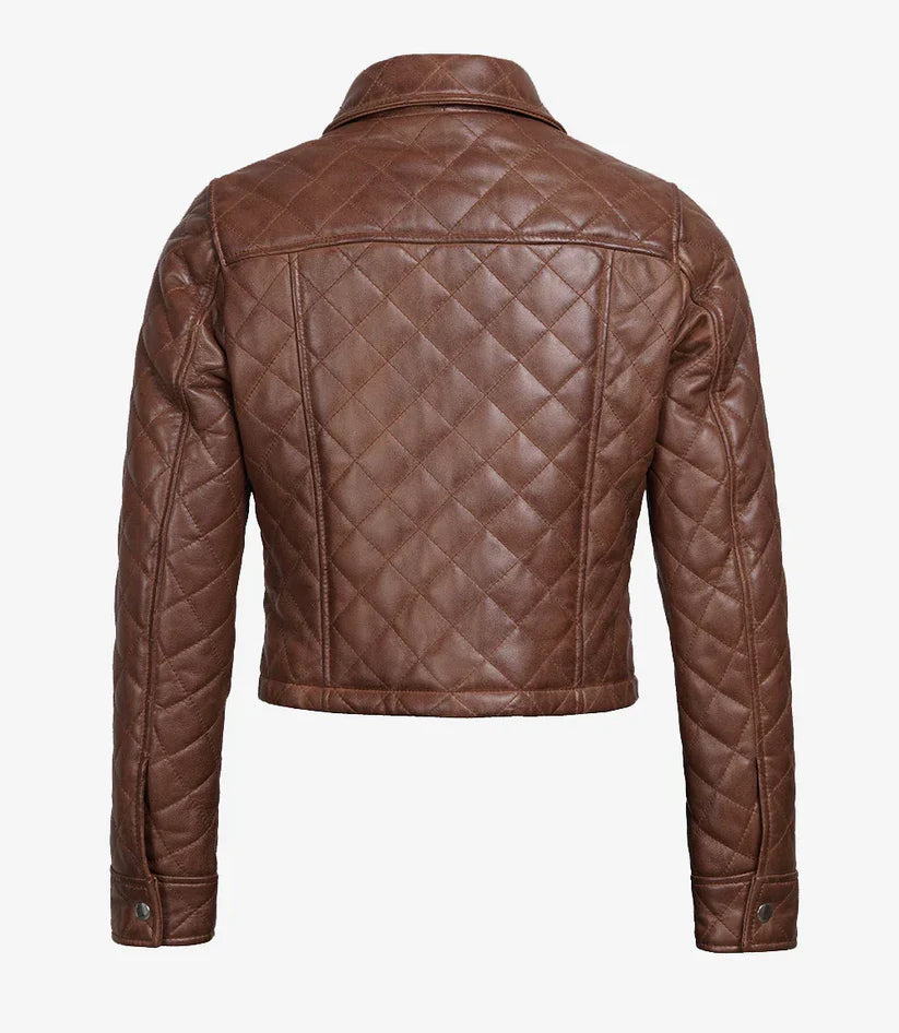 Women’s cognac brown quilted lambskin cropped leather jacket back view