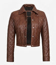 Women’s cognac brown quilted lambskin cropped leather jacket front view