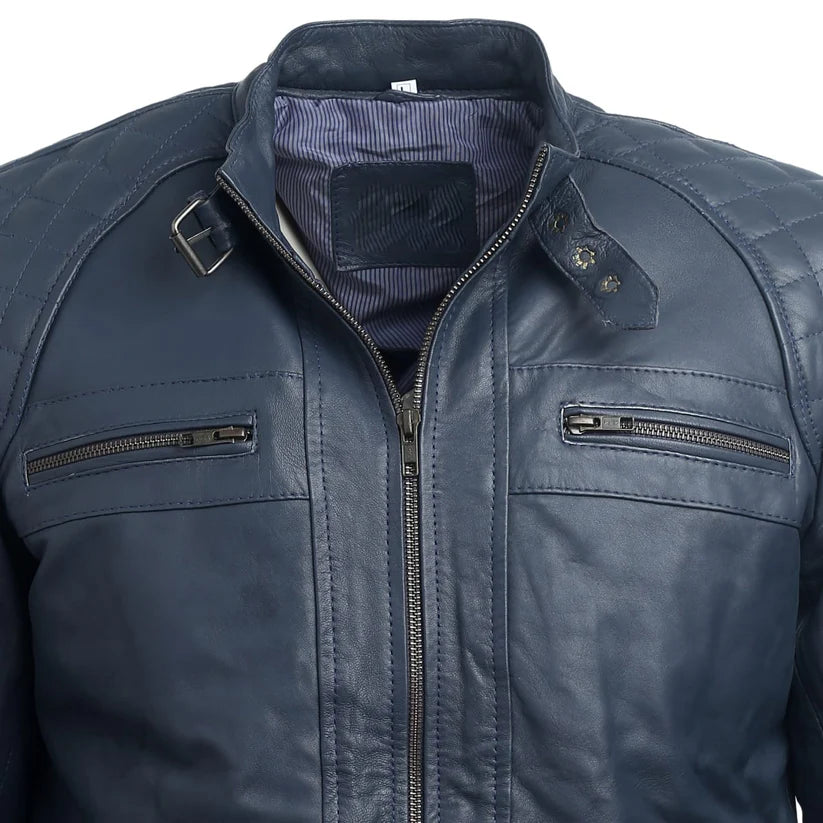 Dark blue genuine leather jacket zip front detail