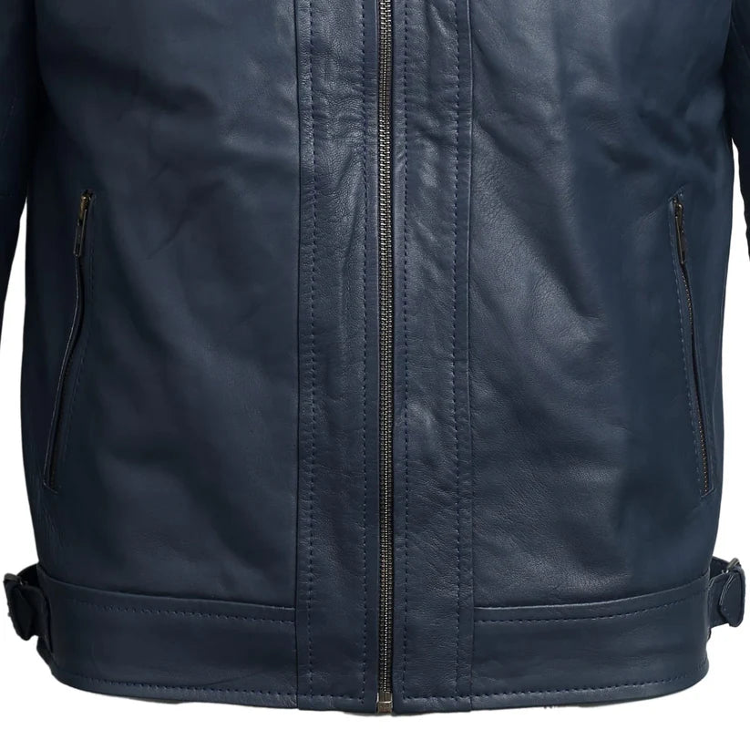 Men’s dark blue genuine leather jacket side view
