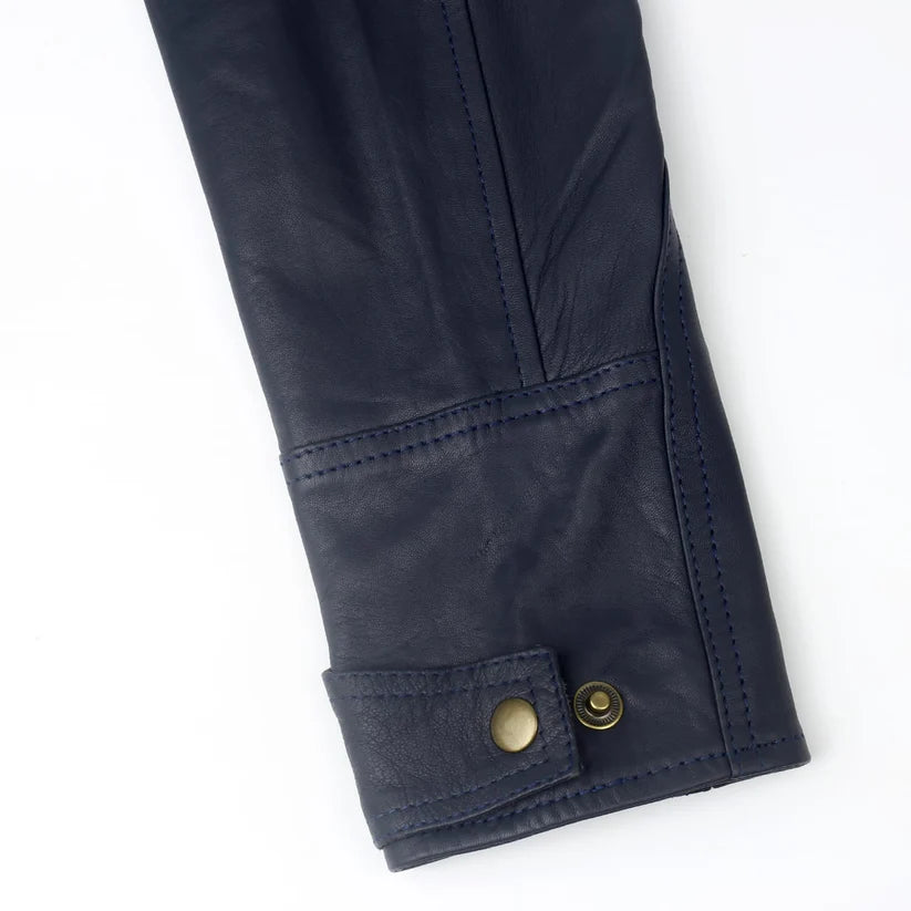 Men’s dark blue leather jacket close-up