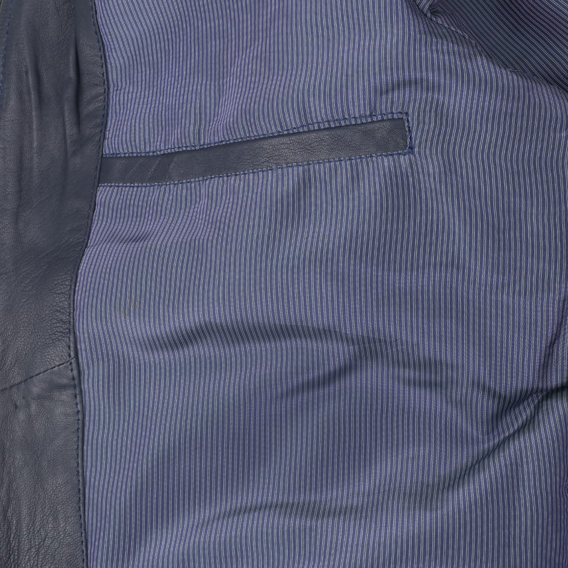 Men’s dark blue genuine leather jacket back view