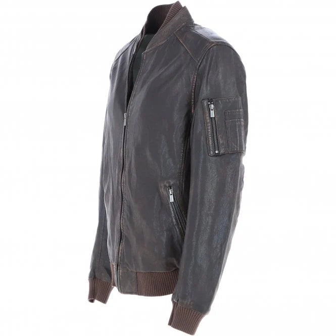 Coffee brown genuine leather bomber jacket side view