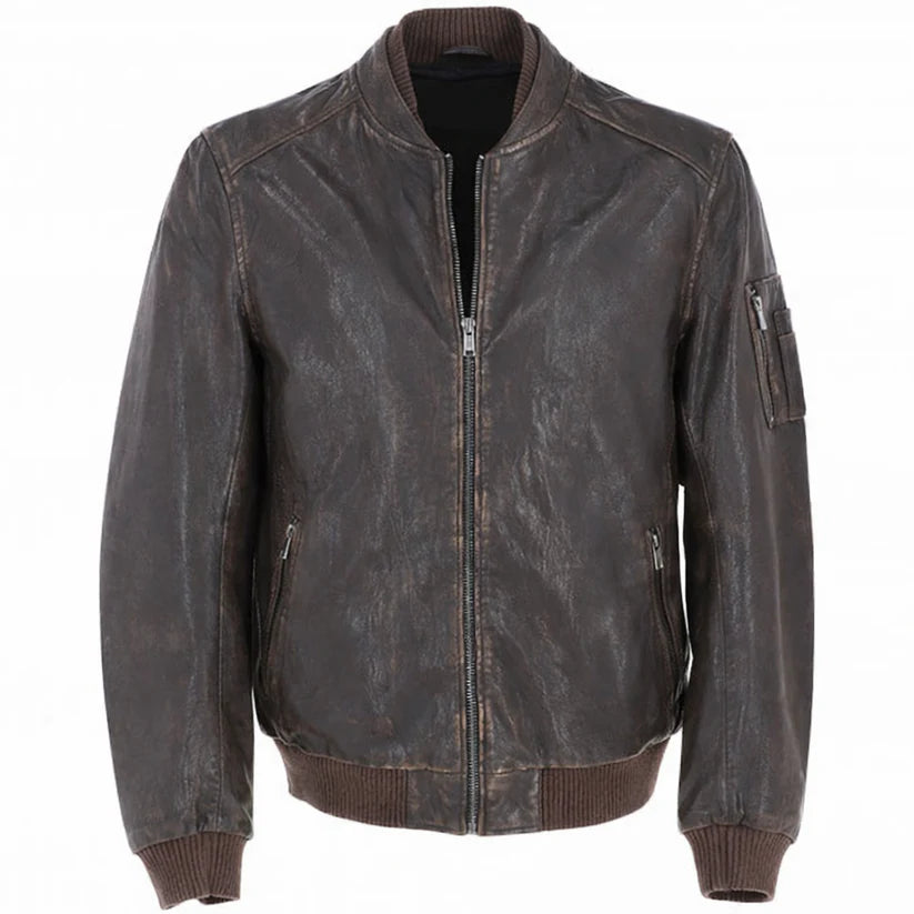 Men’s coffee brown vintage leather bomber jacket front view