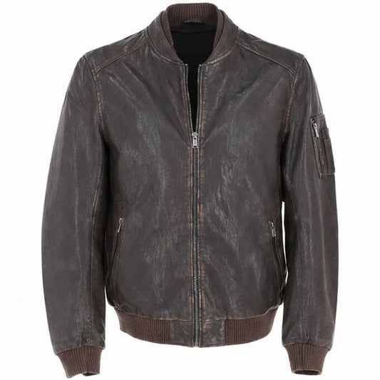 Men’s coffee brown vintage leather bomber jacket front view