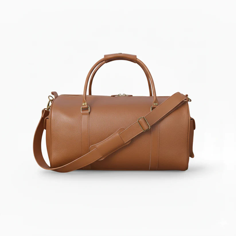 Softy tan full-grain leather duffel bag side view