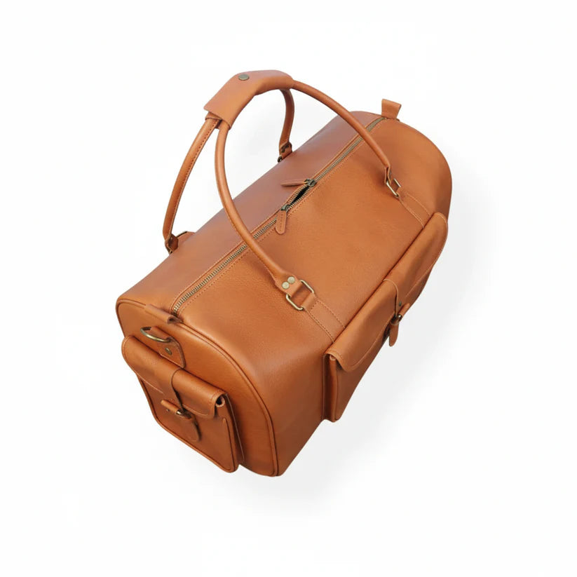Tan full-grain leather duffel bag back view