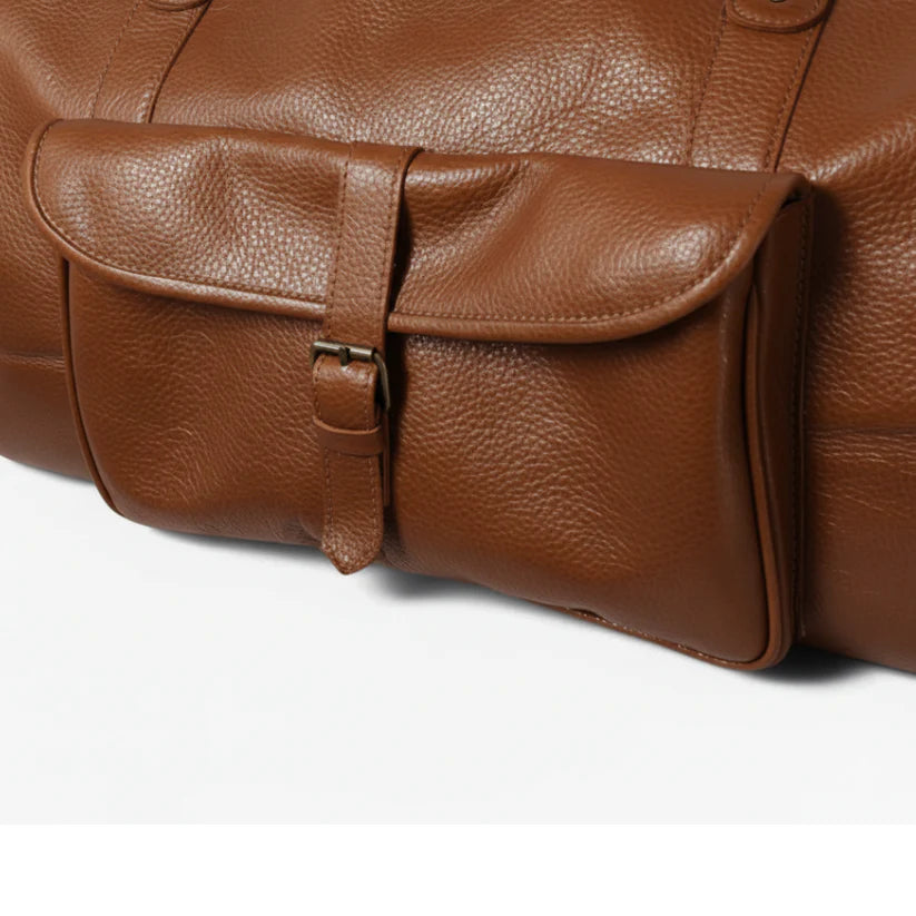 Softy tan leather duffel bag close view
