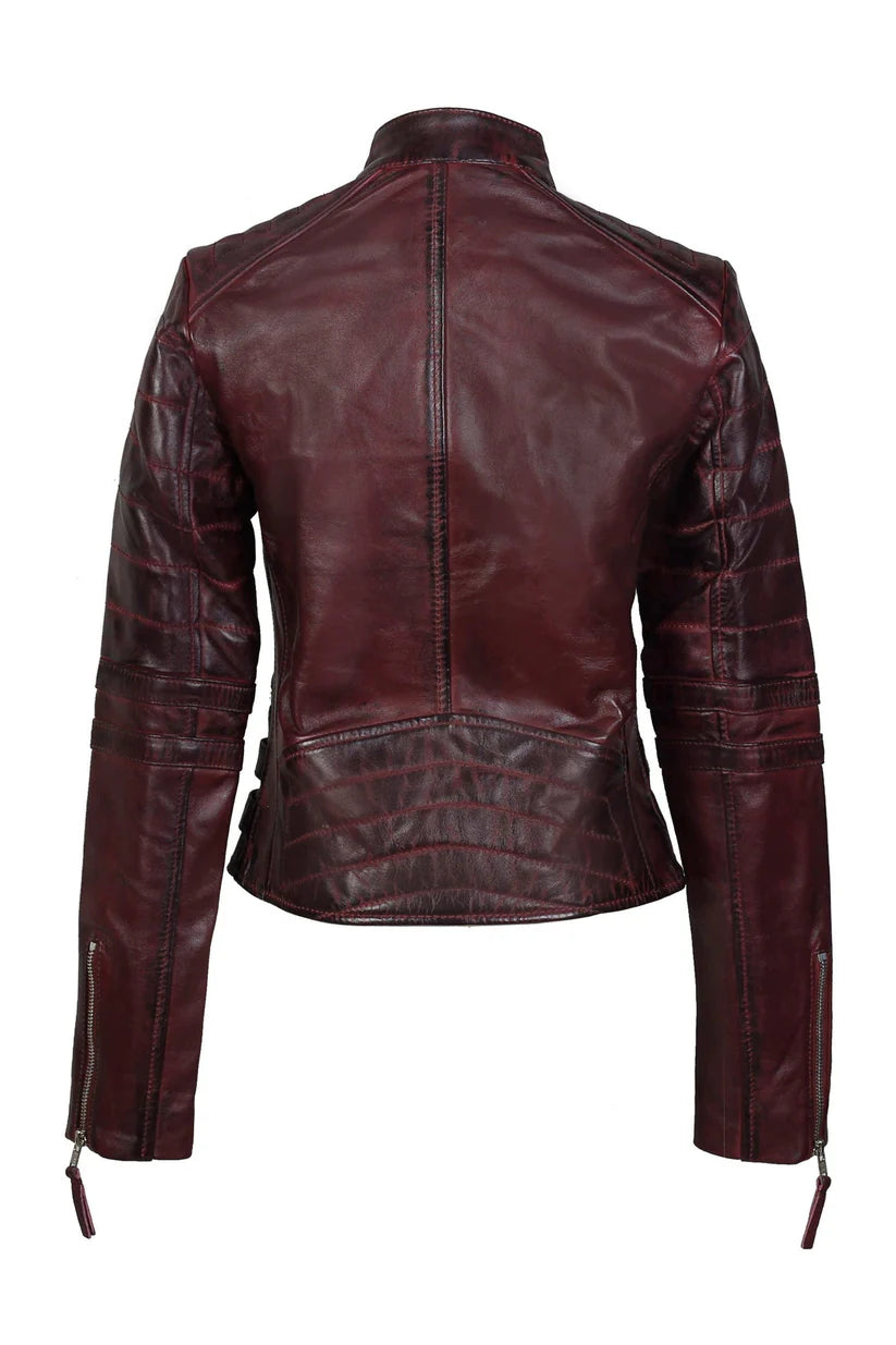 Women’s wine real leather biker jacket back view