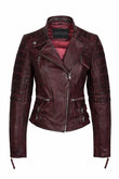 Women’s wine real leather biker jacket front view