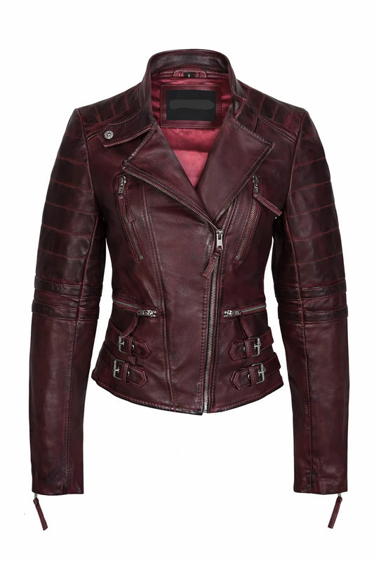 Women’s wine real leather biker jacket front view