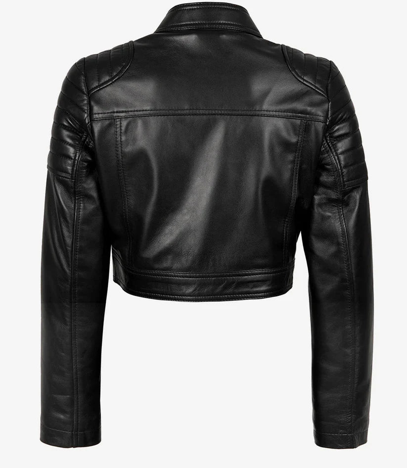 Women Black lambskin leather jacket back view