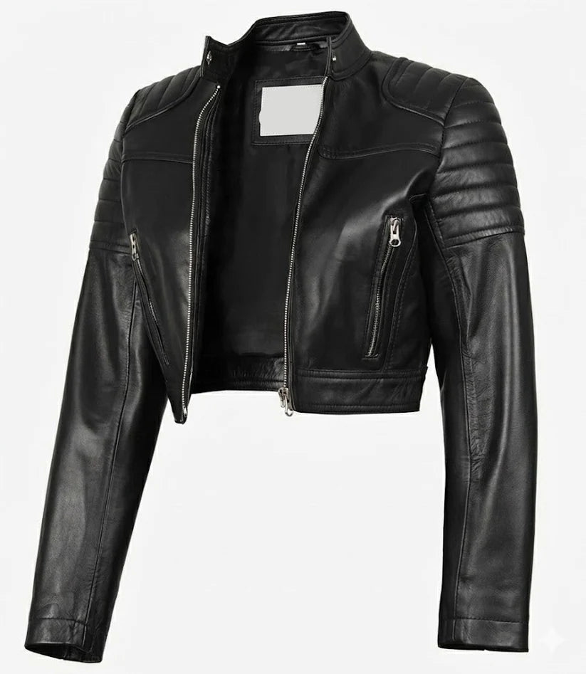 Women Black lambskin leather jacket front view