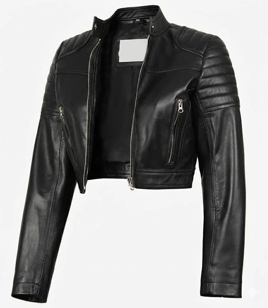 Women Black lambskin leather jacket front view